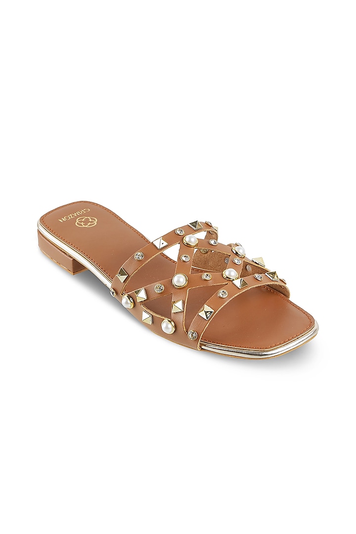 Tan Embellished Flats by Crimzon