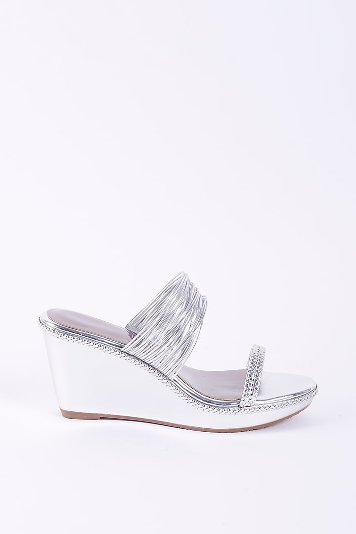 Silver Faux Leather Patterned Wedges by Crimzon X Hemant Trevedi