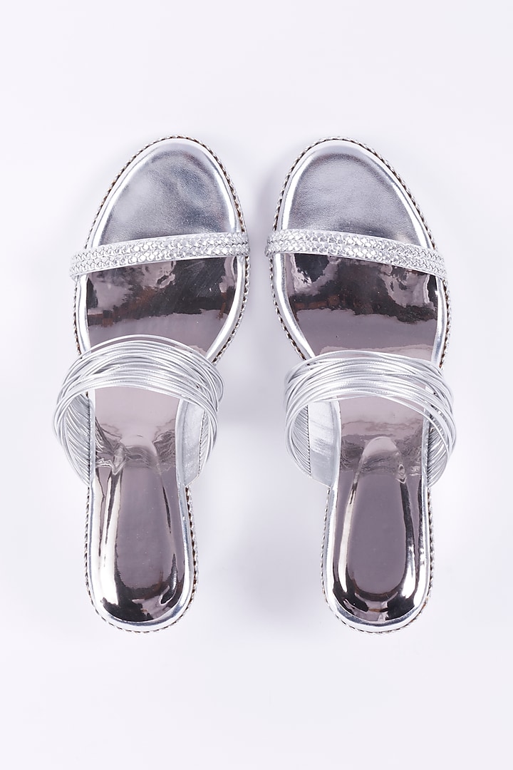 Silver Faux Leather Patterned Wedges by Crimzon X Hemant Trevedi at Pernia's Pop Up Shop