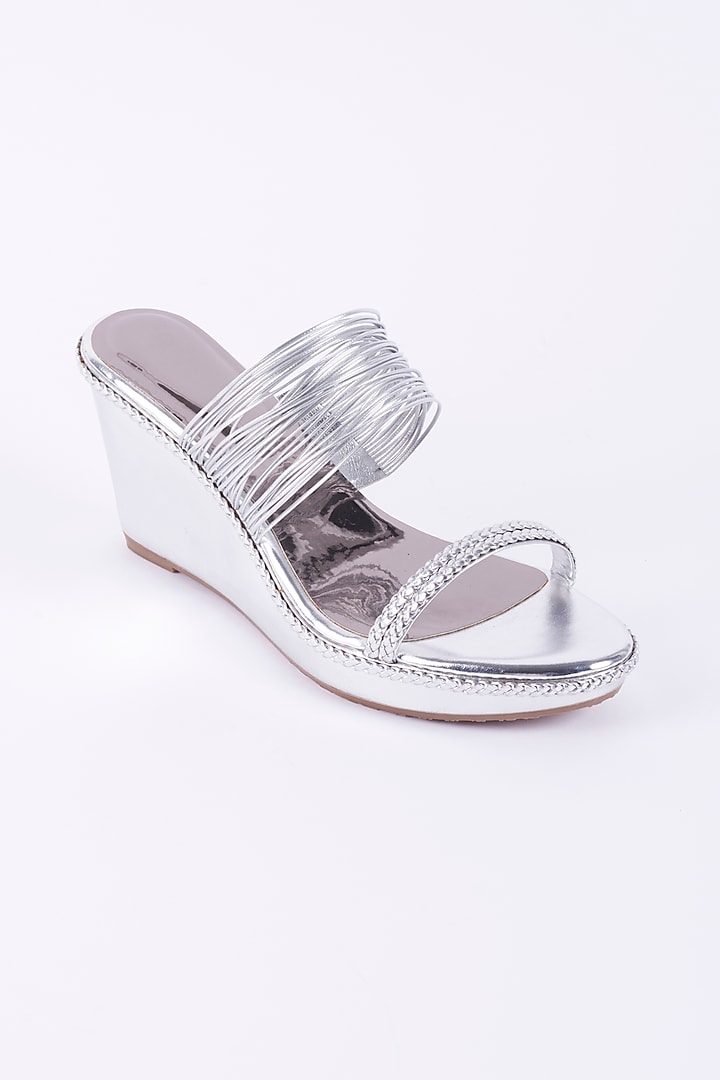 Silver Faux Leather Patterned Wedges by Crimzon X Hemant Trevedi at Pernia's Pop Up Shop