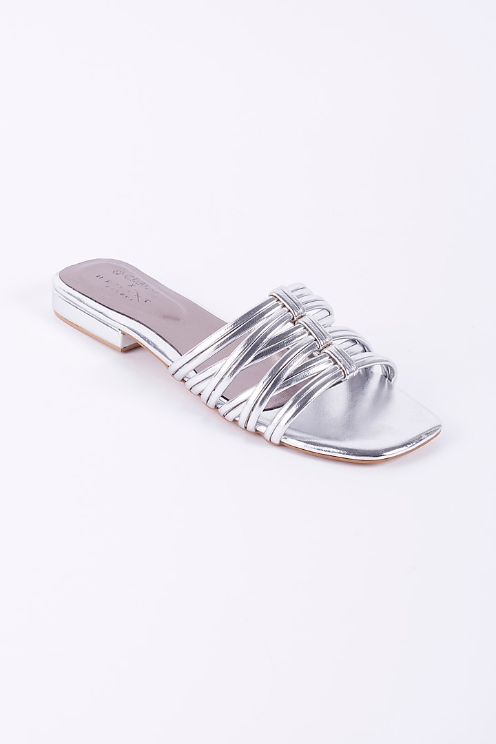 Silver Faux Leather Flats by Crimzon X Hemant Trevedi at Pernia's Pop Up Shop