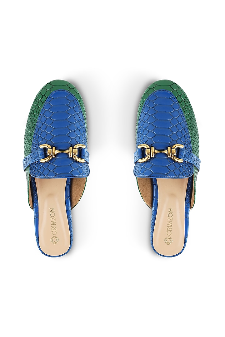 Blue & Green Faux Leather Embellished Flats by Crimzon