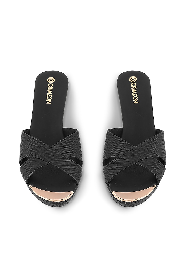 Black Faux Leather Embellished Slip-On Wedges by Crimzon at Pernia's Pop Up Shop
