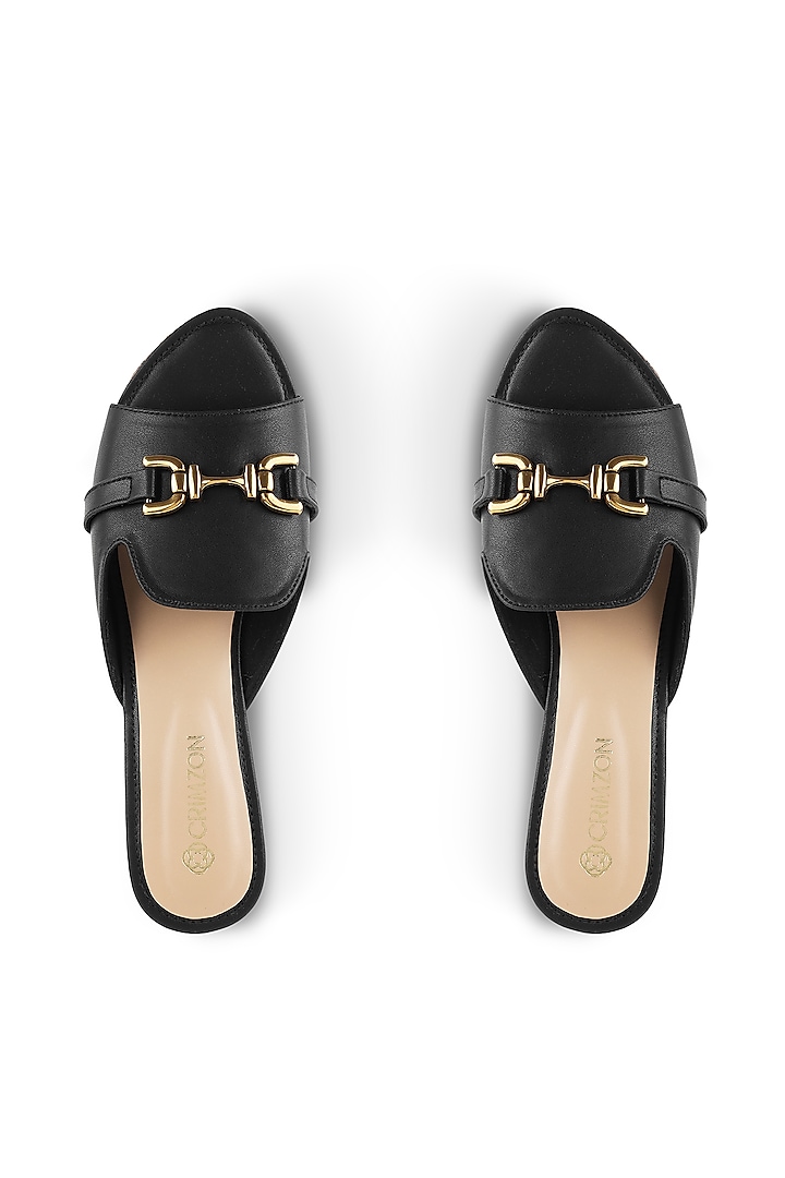 Black Faux Leather Embellished Wedges by Crimzon