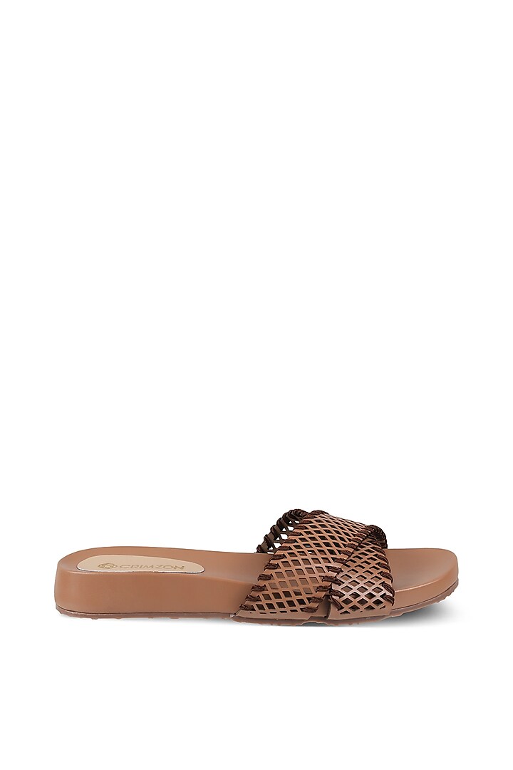 Brown Faux Leather Patterned Flats by Crimzon