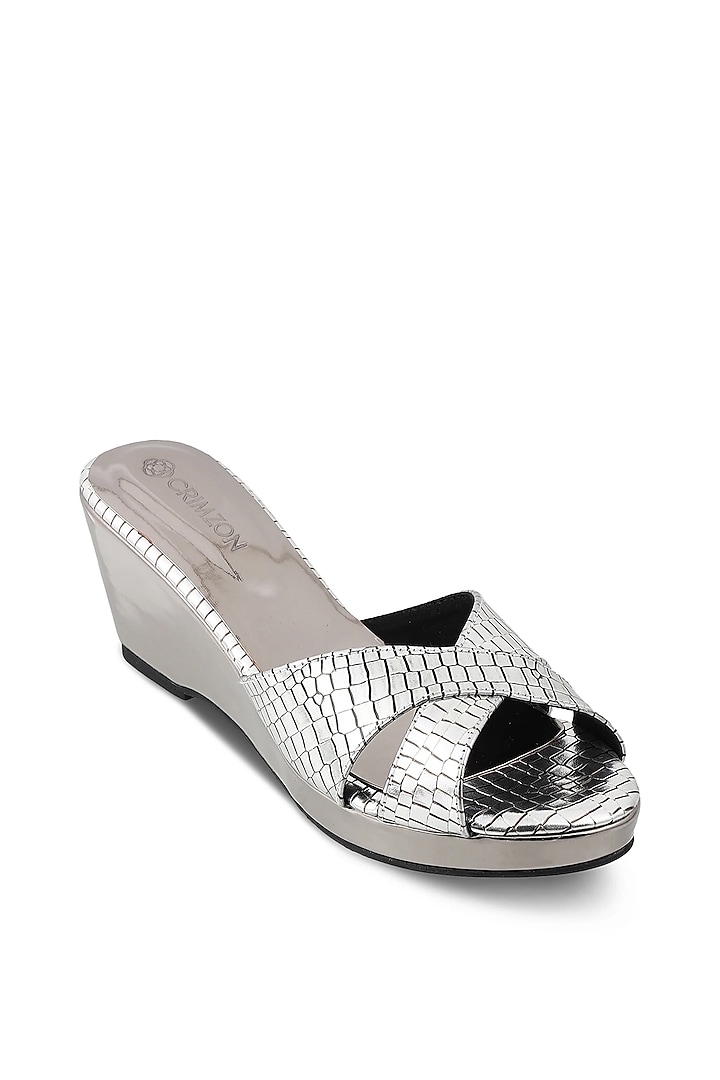 Silver Faux Leather Embellished Slip-On Wedges by Crimzon at Pernia's Pop Up Shop