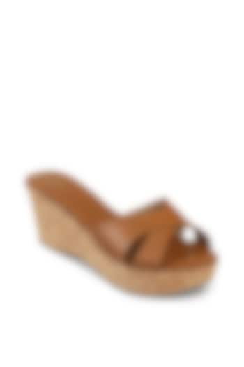 Tan Faux Leather Embellished Cork Wedges by Crimzon at Pernia's Pop Up Shop