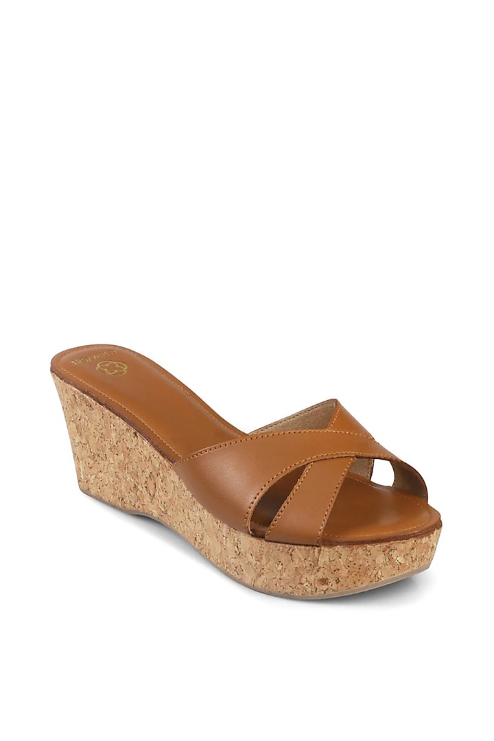 Tan Faux Leather Embellished Cork Wedges by Crimzon at Pernia's Pop Up Shop