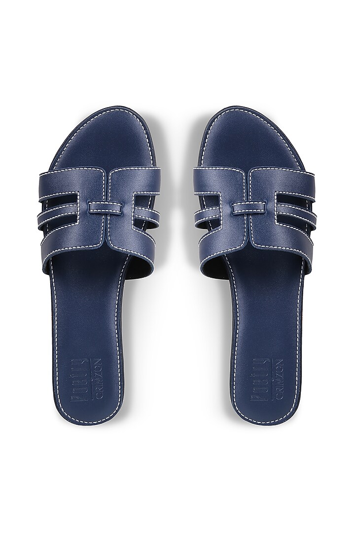Blue Faux Leather Embellished Slip-On Platform Heels by Crimzon at Pernia's Pop Up Shop