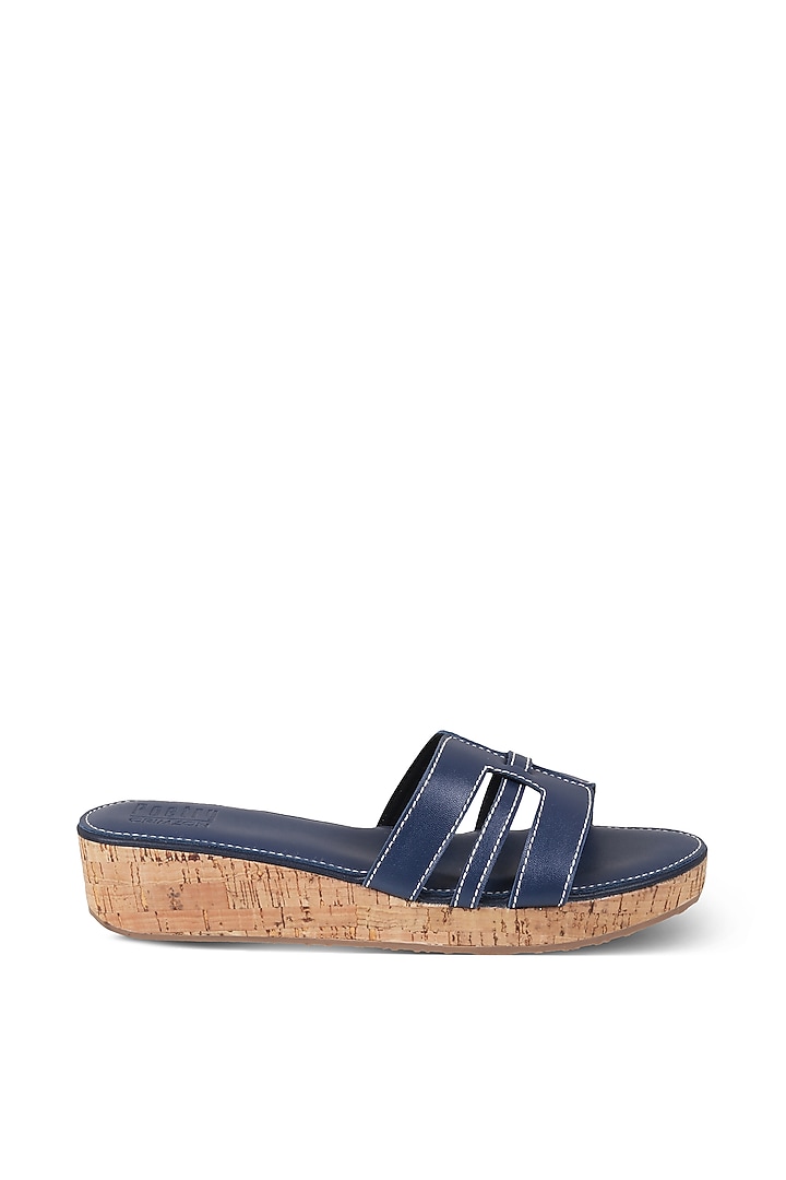 Blue Faux Leather Embellished Slip-On Platform Heels by Crimzon at Pernia's Pop Up Shop