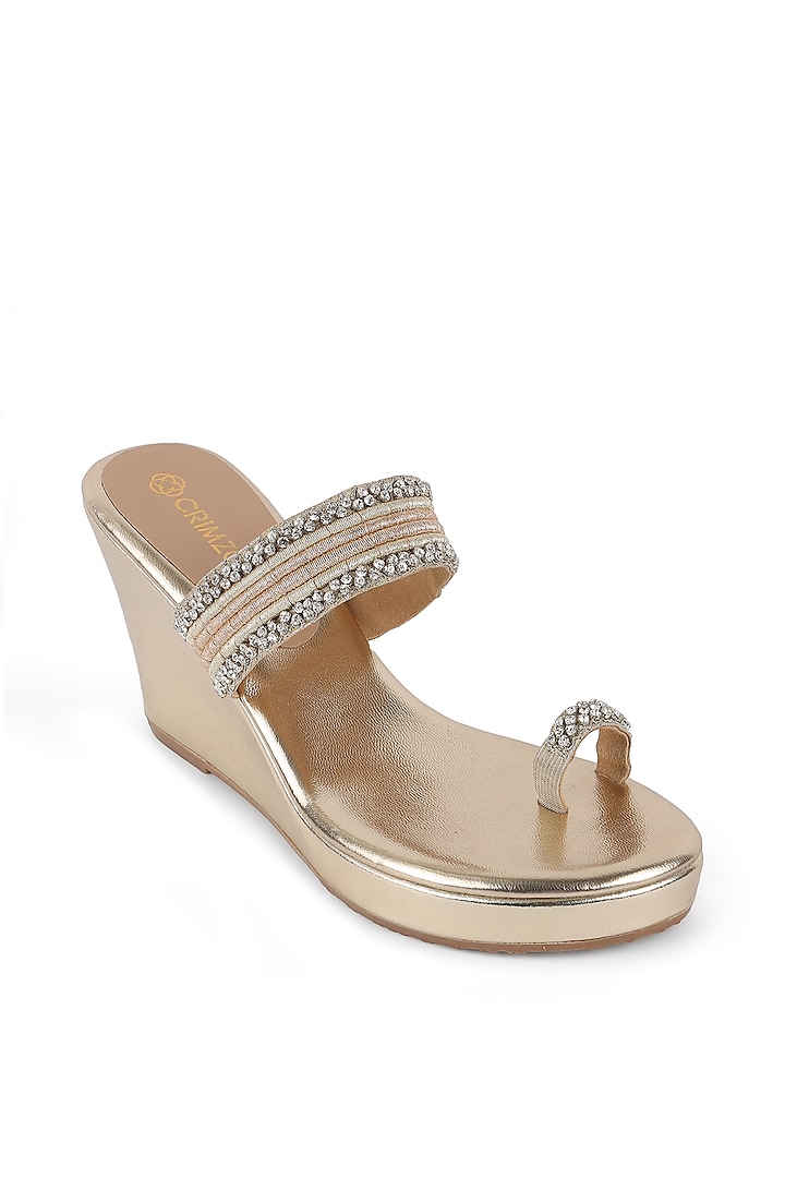 Gold Faux Leather Embellished Kolhapuri Wedges by Crimzon at Pernia's Pop Up Shop