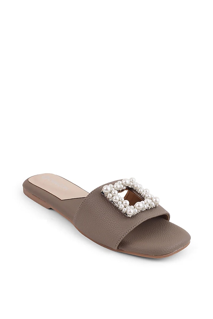 Taupe Faux Leather Embellished Flats by Crimzon at Pernia's Pop Up Shop