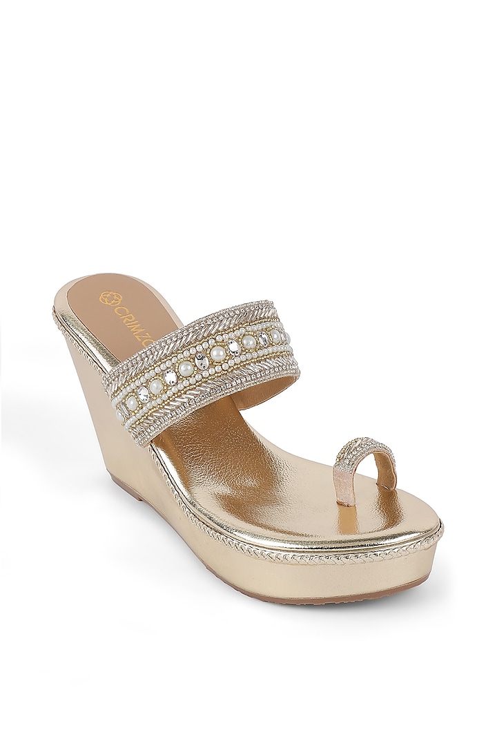 Gold Faux Leather Embellished Kolhapuri Wedges by Crimzon at Pernia's Pop Up Shop