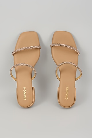 Nude Synthetic Leather Crystal Embellished Flats by Crimzon