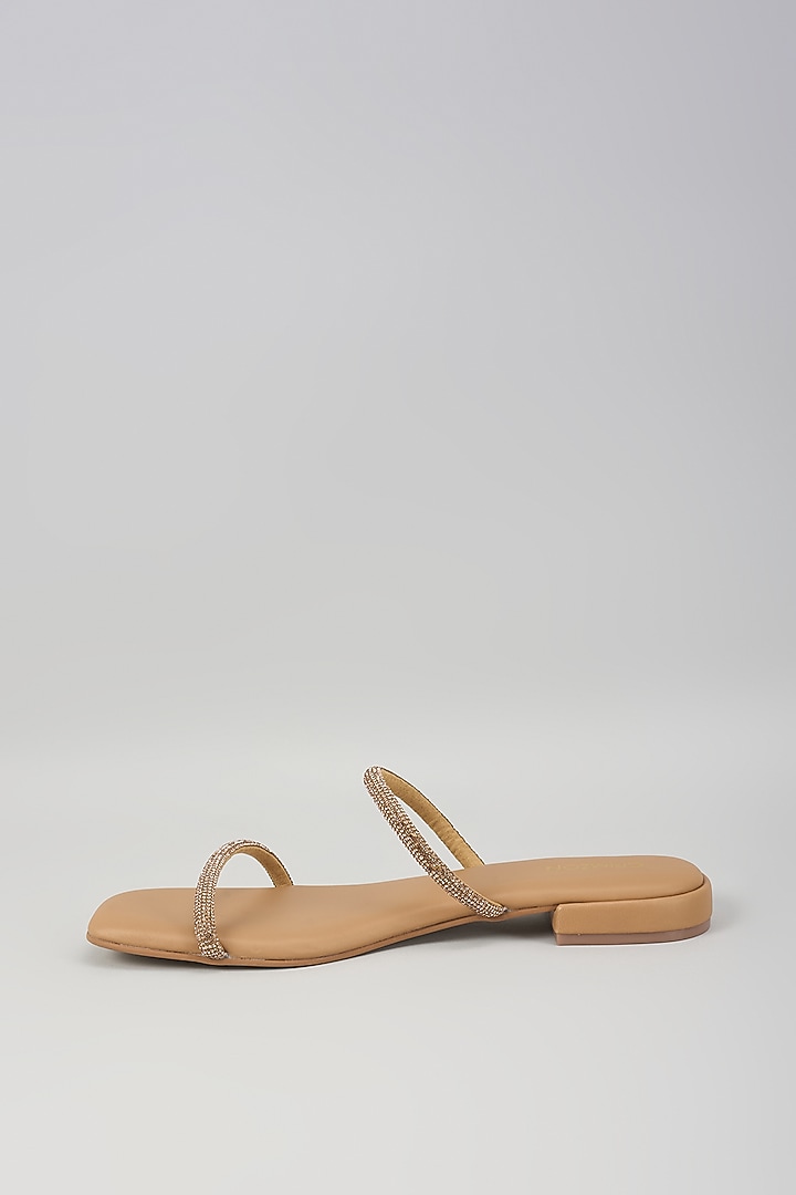 Nude Synthetic Leather Crystal Embellished Flats by Crimzon at Pernia's Pop Up Shop