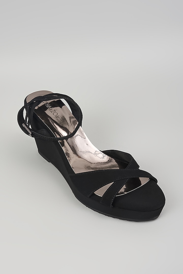 Black Synthetic Leather Wedges by Crimzon at Pernia's Pop Up Shop