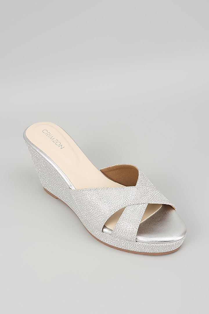 Silver Synthetic Leather Wedges by Crimzon at Pernia's Pop Up Shop