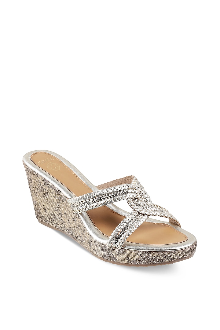 Golden Synthetic Kolhapuri Wedges by Crimzon at Pernia's Pop Up Shop