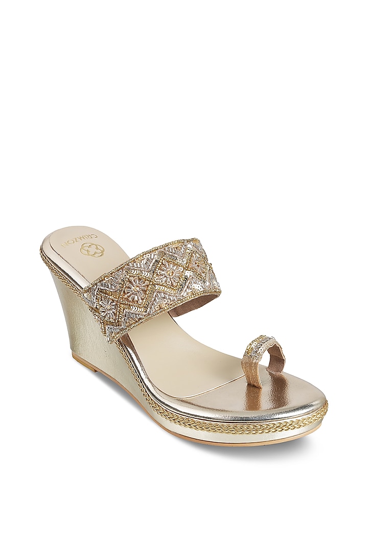 Gold Kolhapuri Wedges With Embellishments by Crimzon