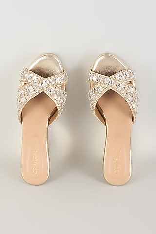 Gold Faux Leather Embellished Heels by Crimzon