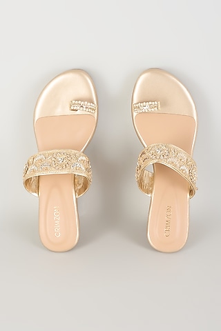 Gold Faux Leather Embellished Heels by Crimzon