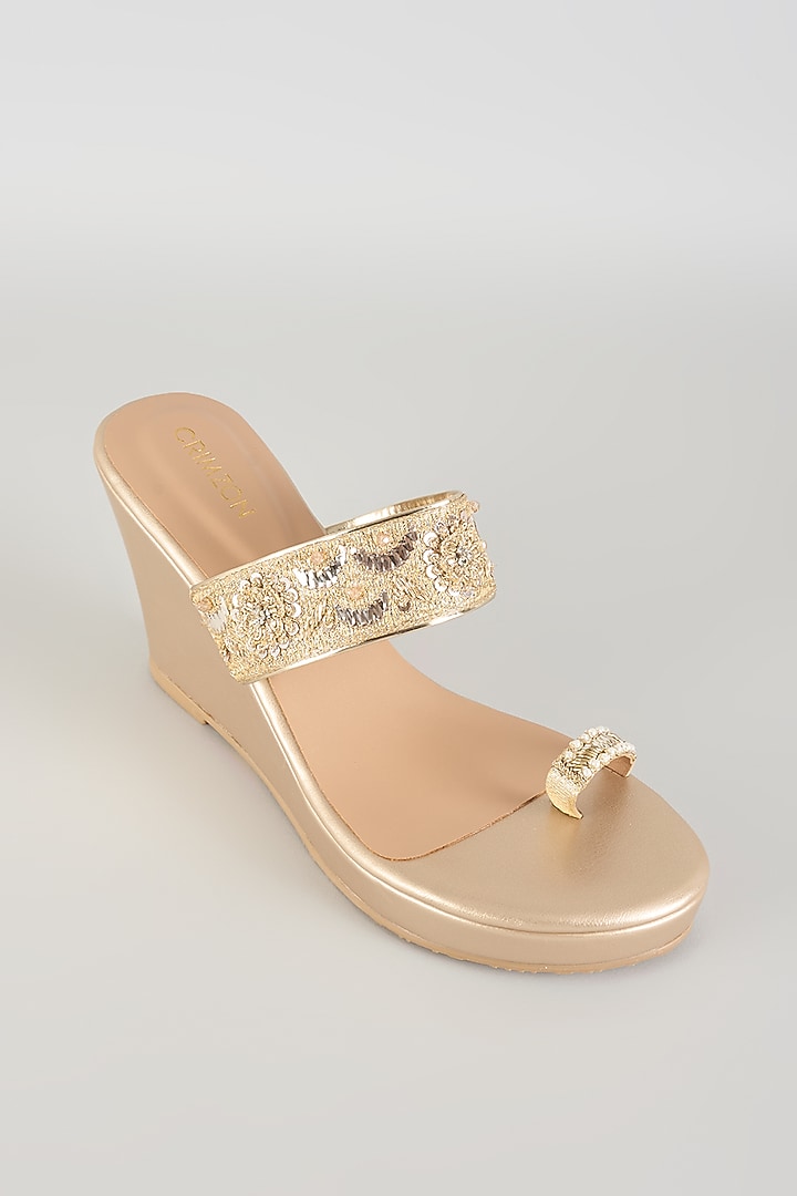 Gold Faux Leather Embellished Heels by Crimzon at Pernia's Pop Up Shop