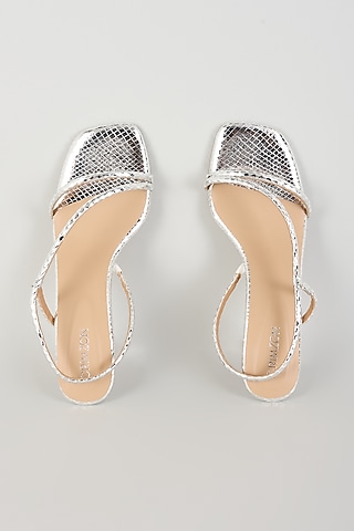 Silver Faux Leather Embellished Heels by Crimzon