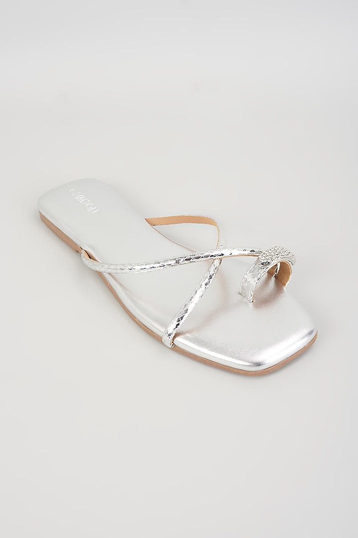 Silver Faux Leather Flats by Crimzon at Pernia's Pop Up Shop