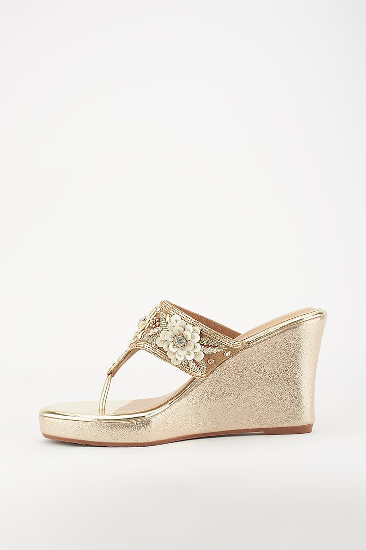 Gold Zari & Pearl Embroidered Wedges by Crimzon