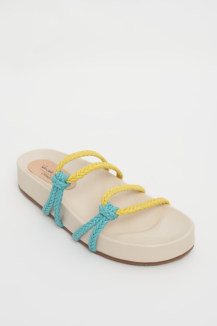 Yellow & Blue Faux Leather Sliders by Crimzon x Wendell Rodricks at Pernia's Pop Up Shop