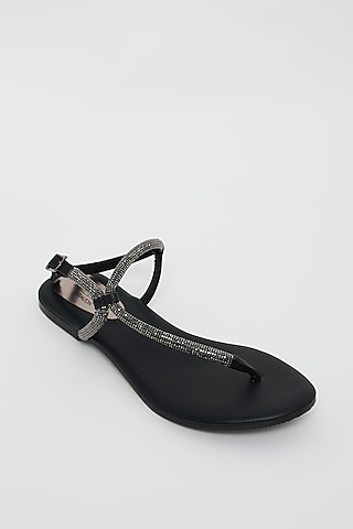 Black Flats With Crystal Embellished Straps by Crimzon x Wendell Rodricks