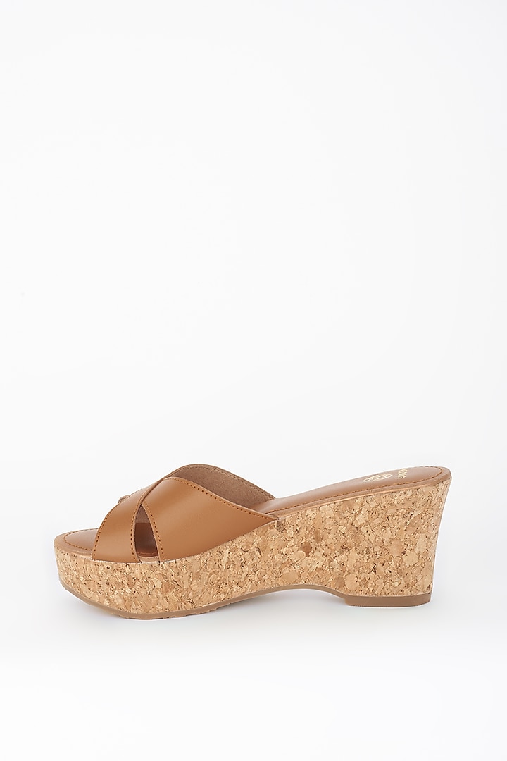 Tan Synthetic Faux Leather Wedges by Crimzon