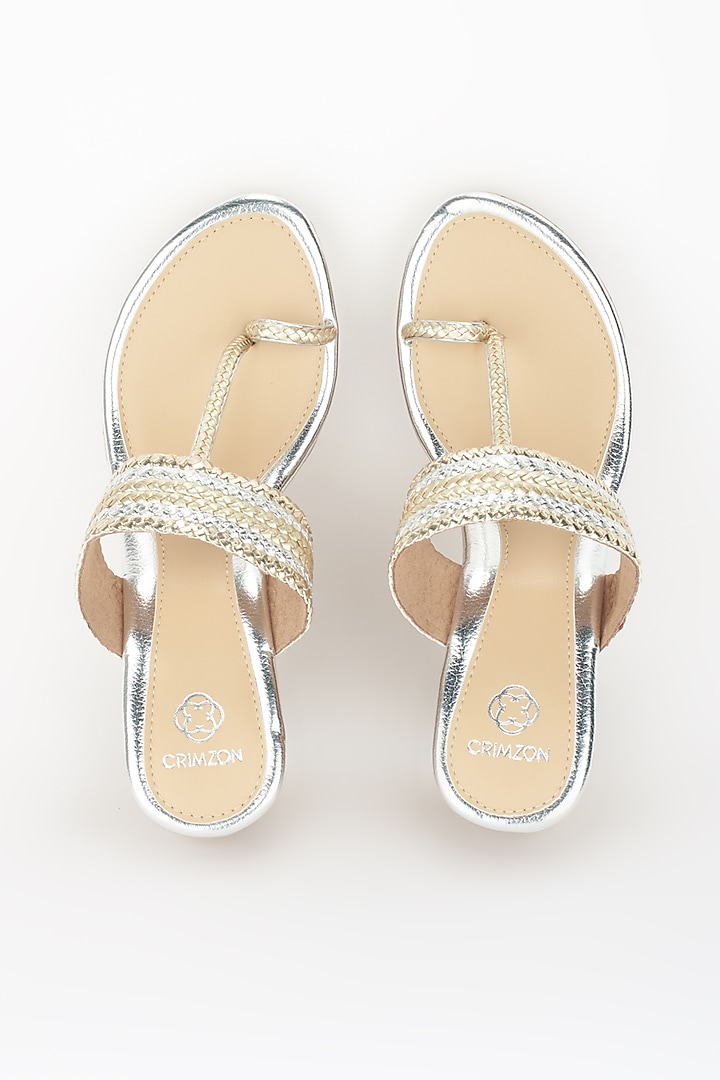 Silver & Gold Textured Kolhapuri Wedges by Crimzon at Pernia's Pop Up Shop