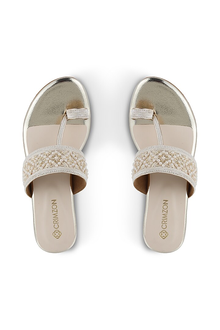 Ivory Gold Faux Leather Pearl Embellished Kolhapuri Flats by Crimzon at Pernia's Pop Up Shop