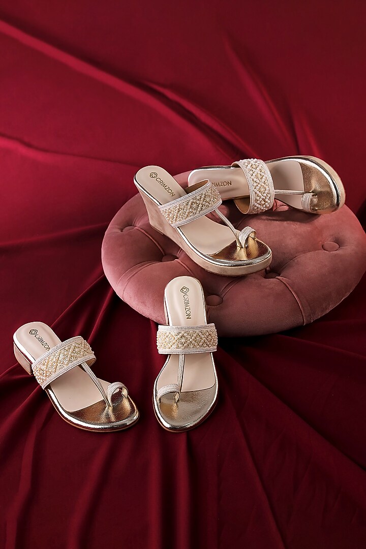 Ivory Gold Faux Leather Pearl Embellished Kolhapuri Flats by Crimzon at Pernia's Pop Up Shop