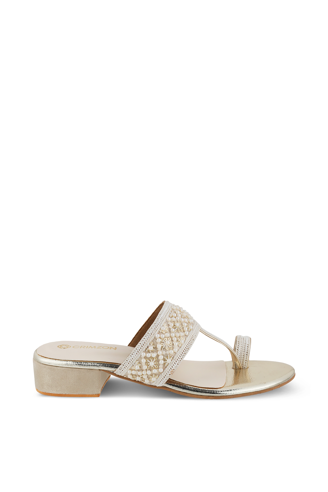 Ivory Gold Faux Leather Pearl Embellished Kolhapuri Flats by Crimzon at Pernia's Pop Up Shop