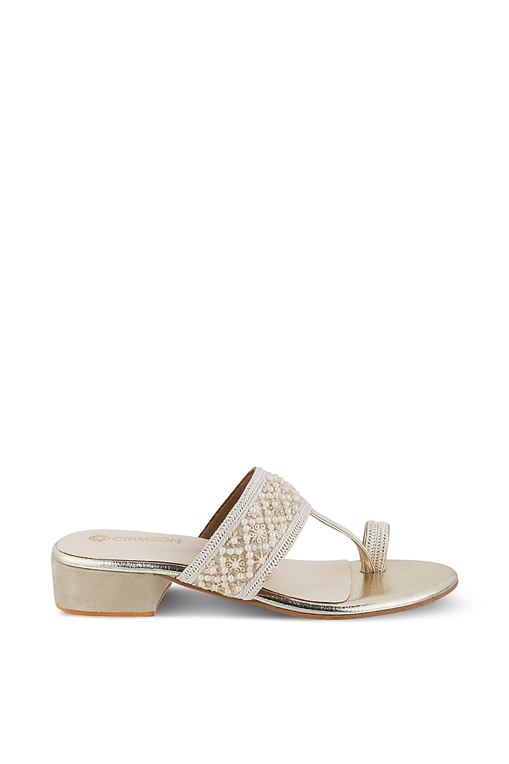Ivory Gold Faux Leather Pearl Embellished Kolhapuri Flats by Crimzon at Pernia's Pop Up Shop