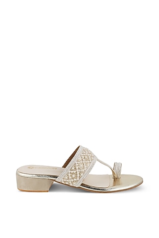 Ivory Gold Faux Leather Pearl Embellished Kolhapuri Flats by Crimzon