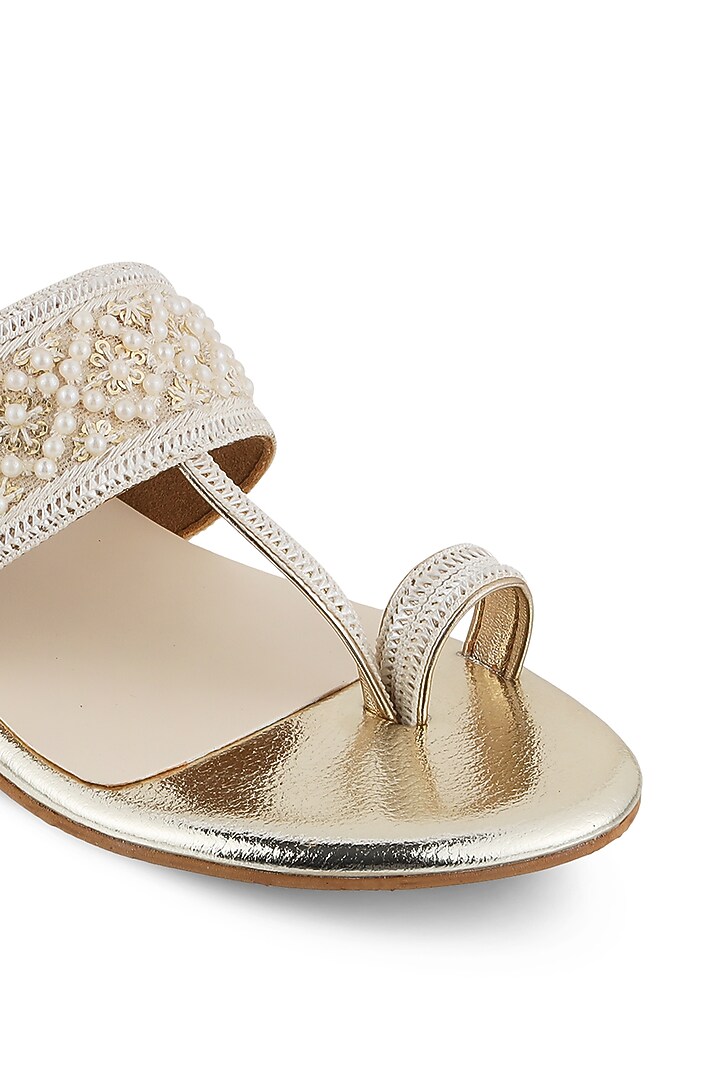 Ivory Gold Faux Leather Pearl Embellished Kolhapuri Flats by Crimzon at Pernia's Pop Up Shop