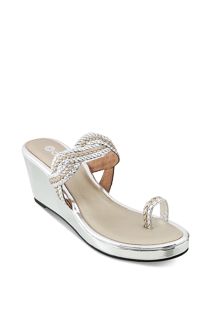 Silver & Beige Faux Leather Embellished Kolhapuri Wedges by Crimzon at Pernia's Pop Up Shop