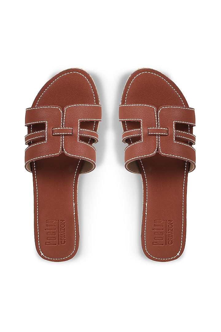 Tan Faux Leather Embellished Slip-On Platform Heels by Crimzon at Pernia's Pop Up Shop