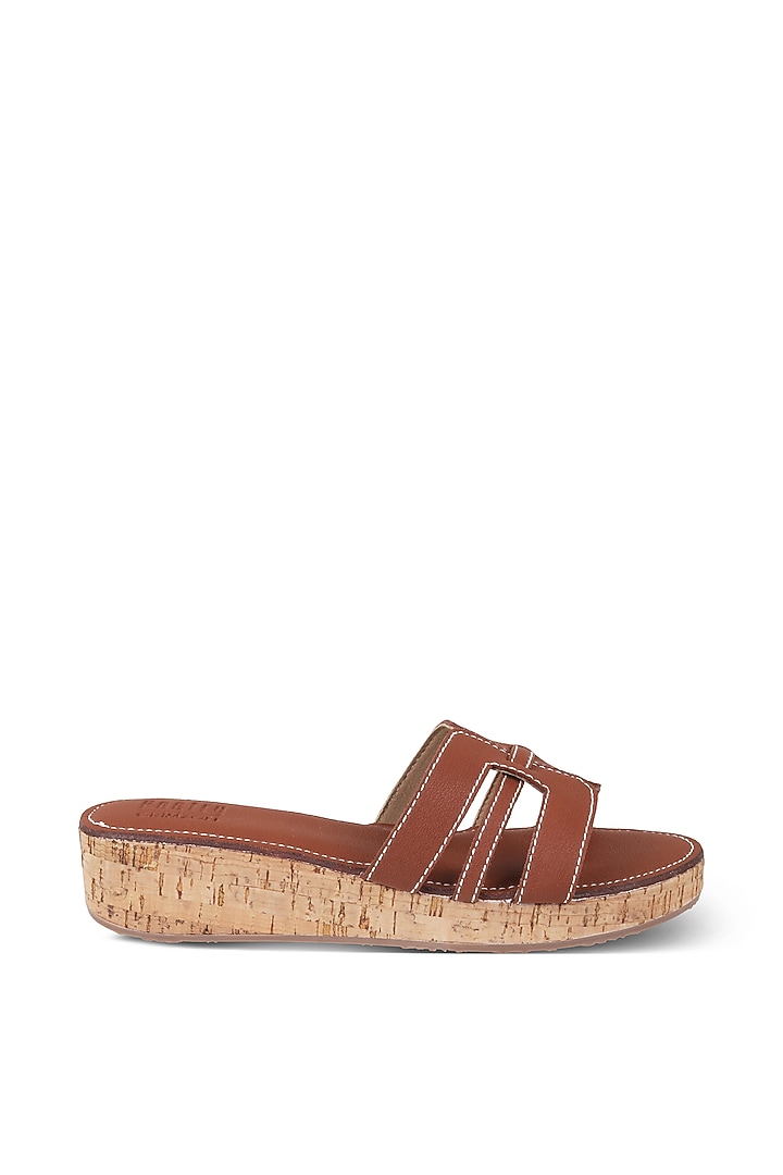 Tan Faux Leather Embellished Slip-On Platform Heels by Crimzon at Pernia's Pop Up Shop