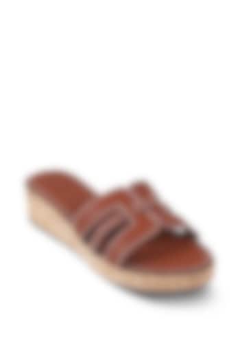 Tan Faux Leather Embellished Slip-On Platform Heels by Crimzon at Pernia's Pop Up Shop