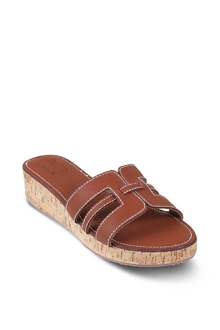 Tan Faux Leather Embellished Slip-On Platform Heels by Crimzon at Pernia's Pop Up Shop