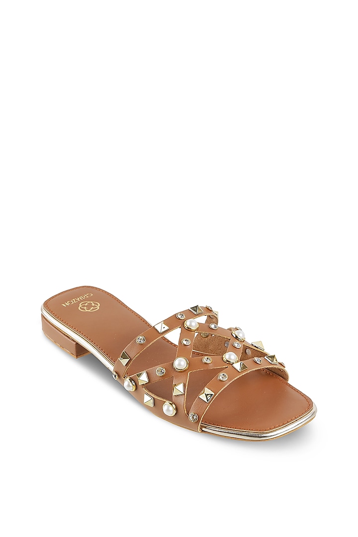 Tan Faux Leather Pearl Embellished Flats by Crimzon at Pernia's Pop Up Shop