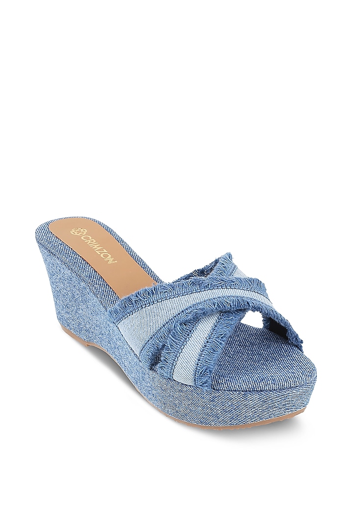 Blue Faux Leather Pearl Embellished Wedges by Crimzon