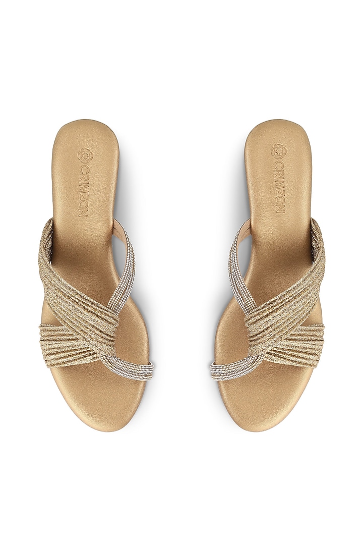 Antique Gold Faux Leather Pearl Embellished Wedges by Crimzon at Pernia's Pop Up Shop