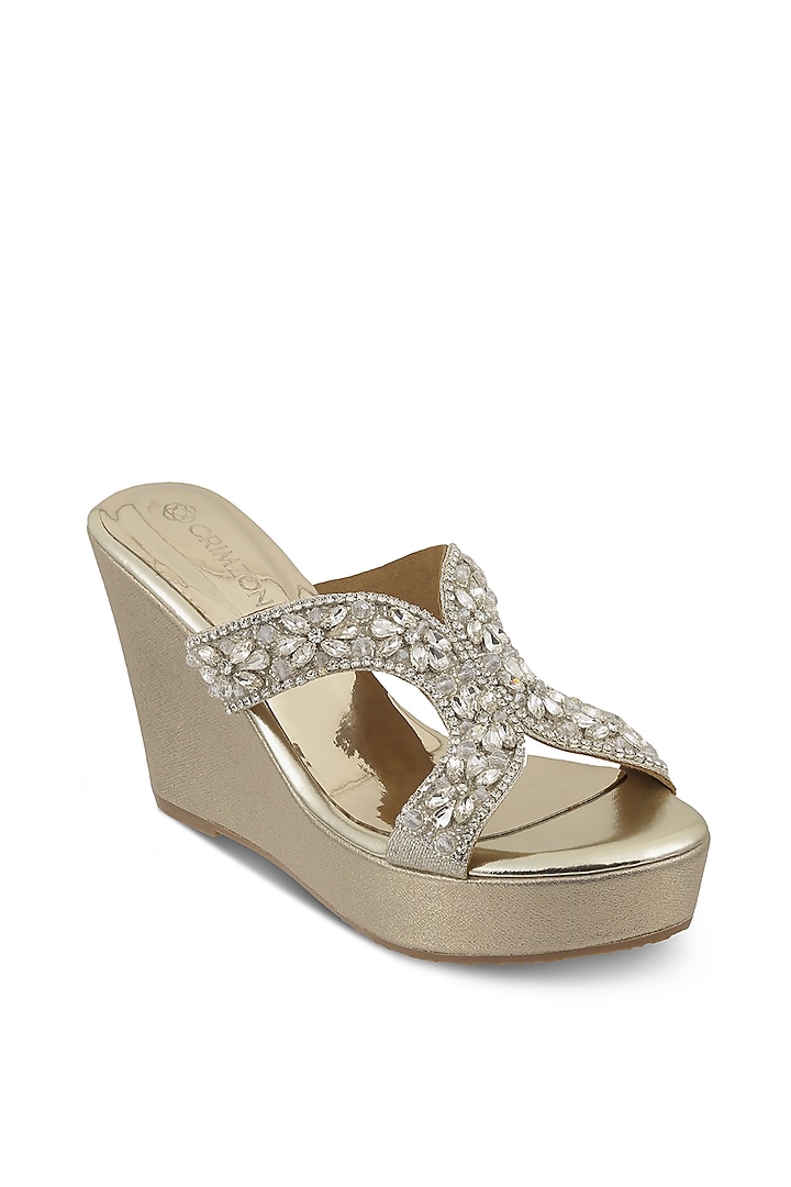 Light Gold Faux Leather Diamond Embellished Wedges by Crimzon at Pernia's Pop Up Shop