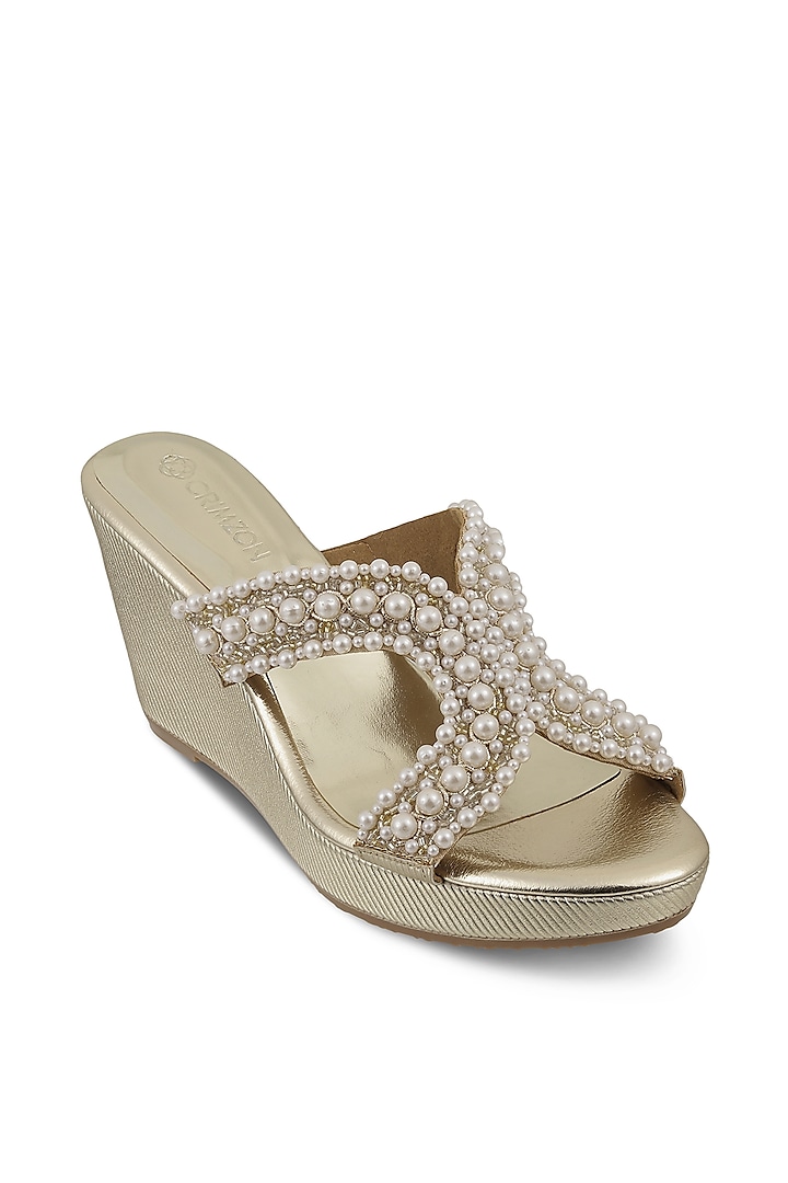 Pearl Gold Faux Leather Diamond Embellished Wedges by Crimzon