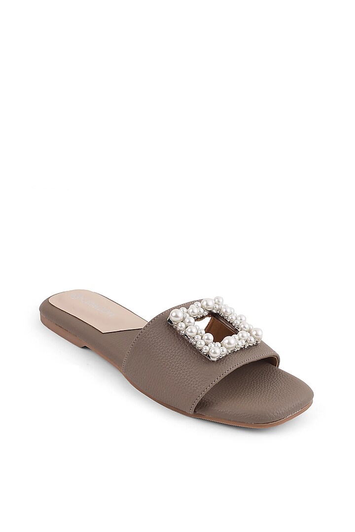 Taupe Faux Leather Embellished Flats by Crimzon